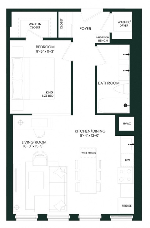 Floor plan for 1 bed, 1 bath, 645 sqft
